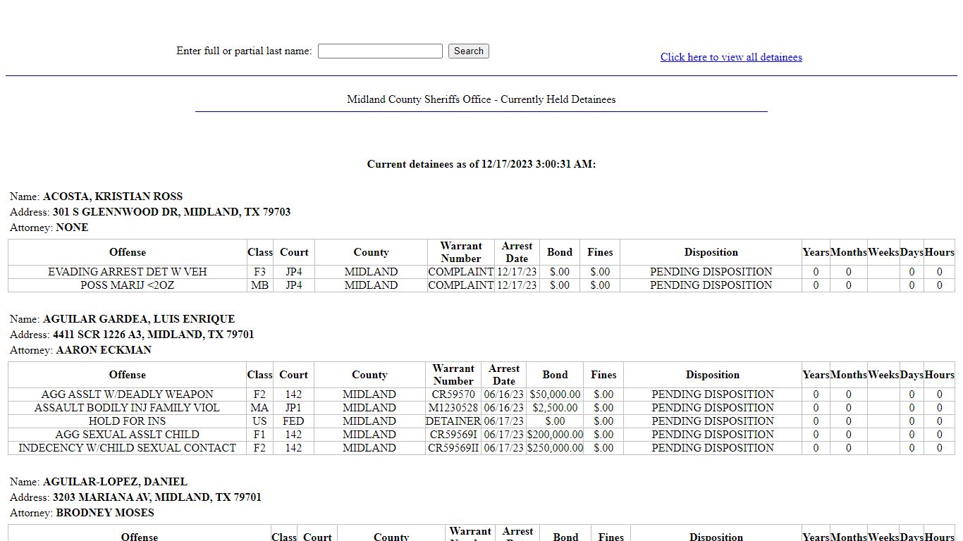 Midland County Sheriffs Office - Currently Held Detainees